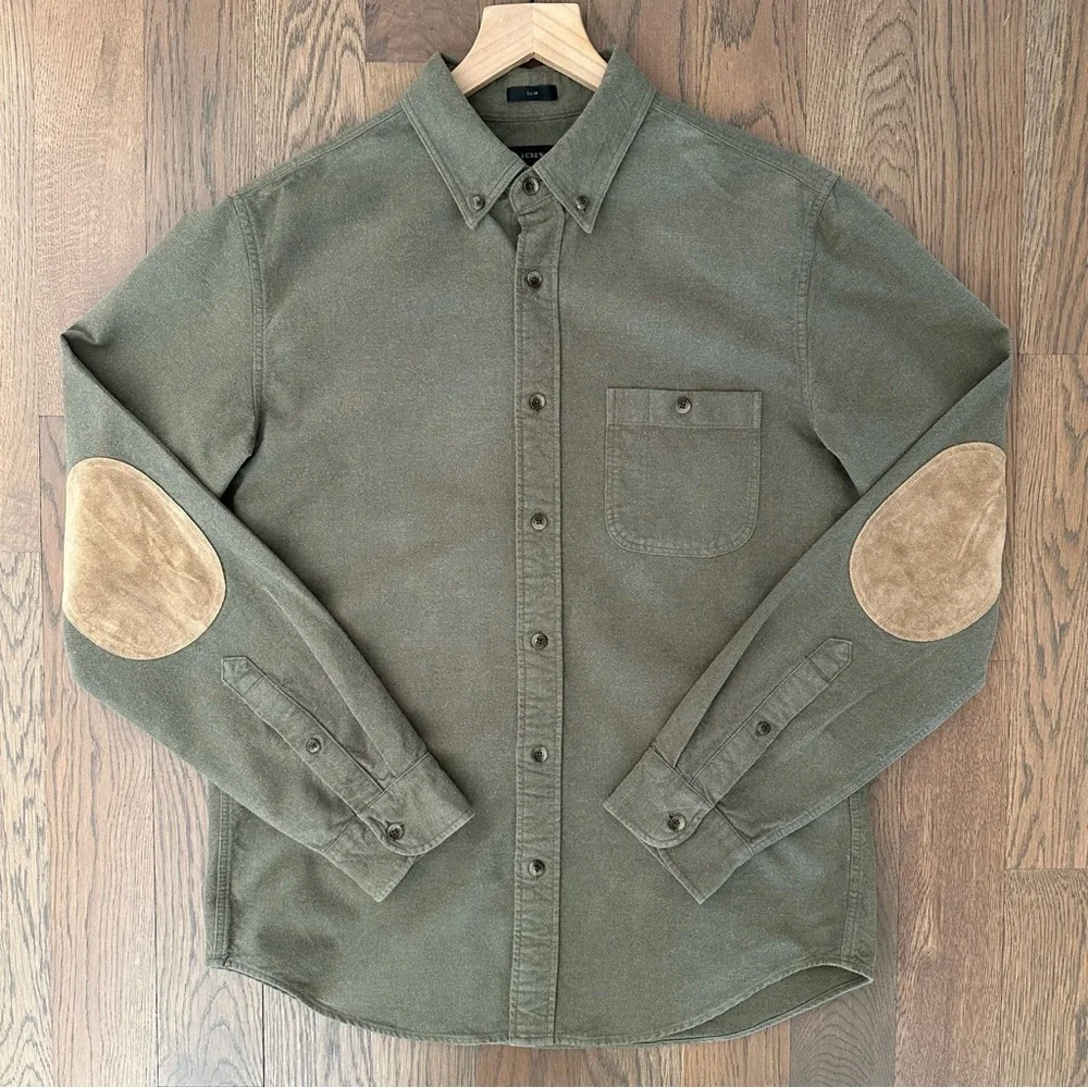 J. Crew Men's Chamois Elbow Patch Cotton Shirt in Dusty Olive Green Medium Slim
